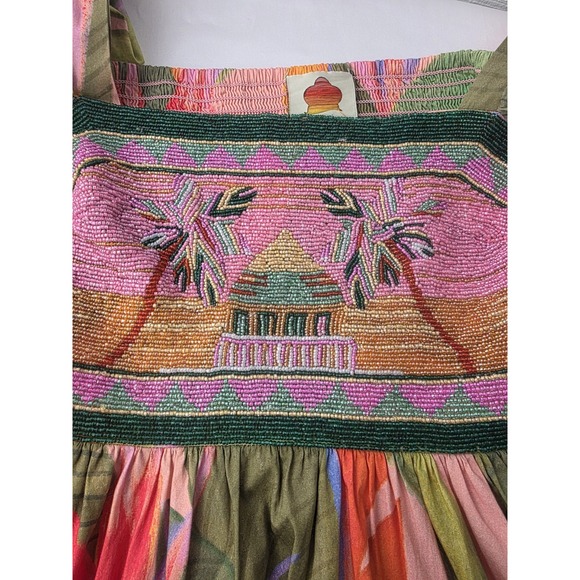 Farm Rio Mini Dress Beaded Garden Puff Sleeves Tiered Sz S Beach Festival Colorf - Picture 7 of 12